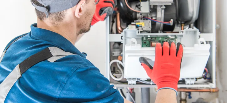 Greers Ferry Heat & Air technician inspecting and diagnosing a gas furnace