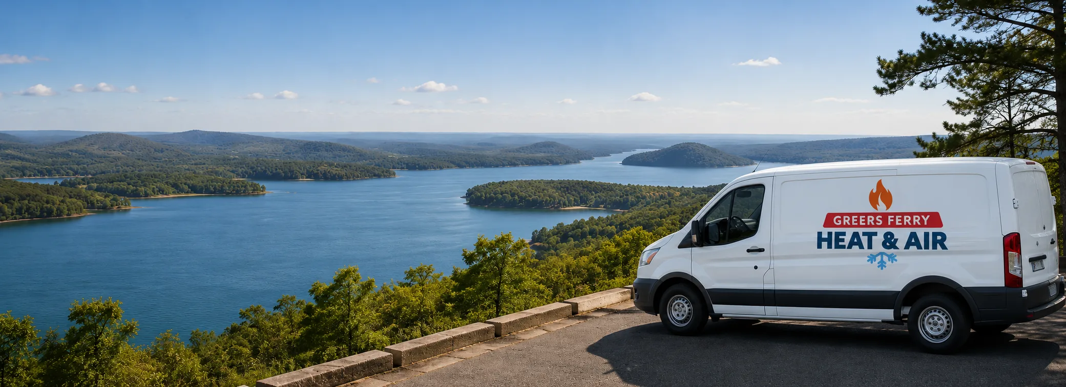 Greers Ferry Heat & Air service van overlooking Greers Ferry Lake in central Arkansas