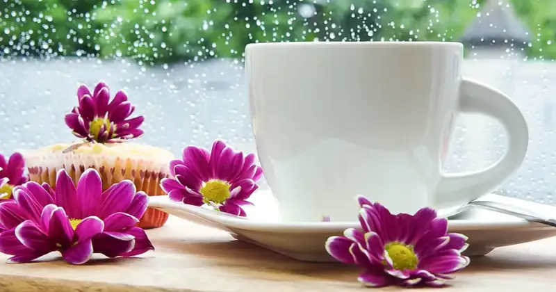 a cup of tea on a table, with spring flowers and showers