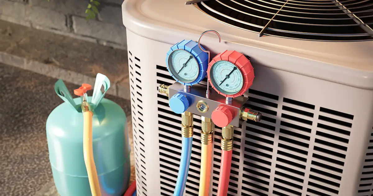 A tech from Greers Ferry Heat & Air tests the refrigerant in this AC