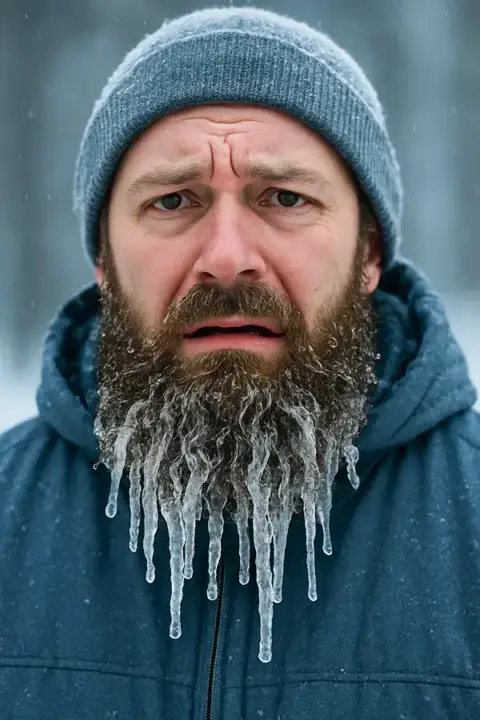 A man with icicles hanging from his beard faces a winter emergency.