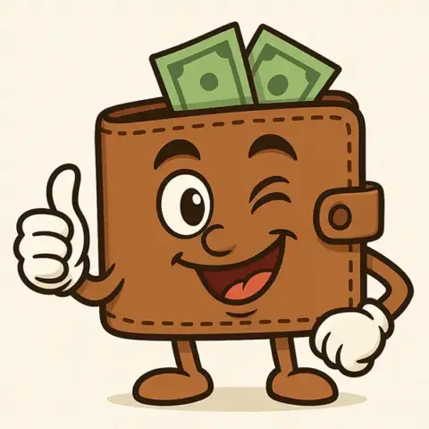 A wallet full of cash winks and gives a thumbs up.