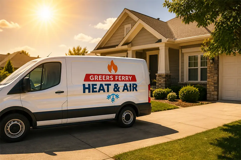 A Greers Ferry Heat & Air van sits outside a customer's home as the summer sun beats down.