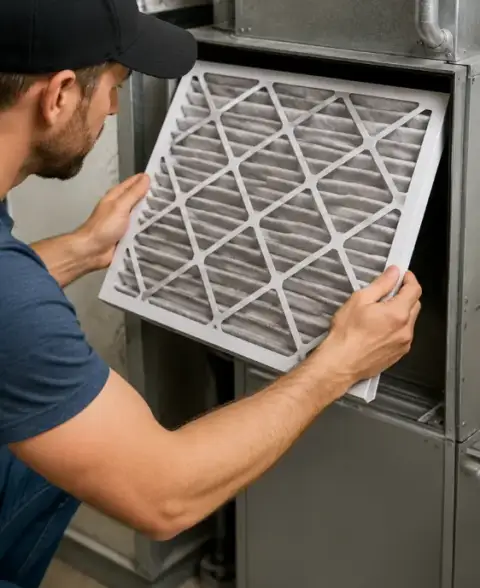 Technician holding a dirty, clogged air filter from an HVAC unit during inspection