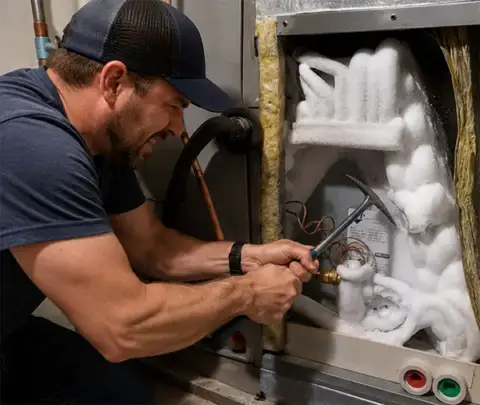 Man attacking a frozen AC coil with an ice pick, a definite \"NO NO\"