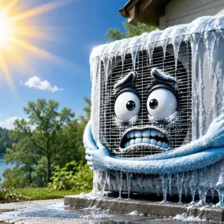Frozen air conditioning unit covered in thick ice and icicles on a sunny day with green trees and water visible in the background.