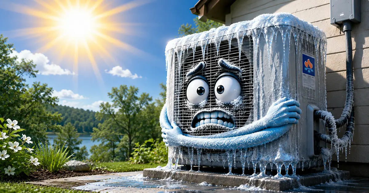 Frozen air conditioning unit covered in thick ice and icicles on a sunny day with green trees and water visible in the background.