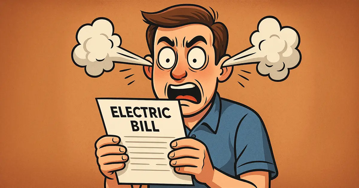 A man has steam erupting from his ears upon opening his electric bill.
