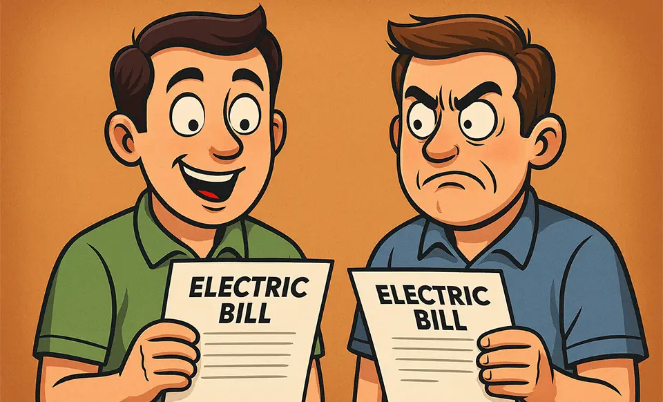 Two neighbors compare electric bills, one is happy, the other is not.