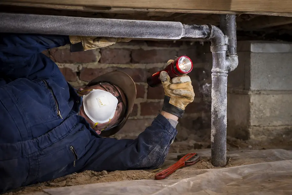 A man is underneath his home, inspecting his pipes.